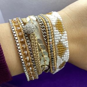 Victoria Emerson White and Gold Beaded Stack Bracelet Set